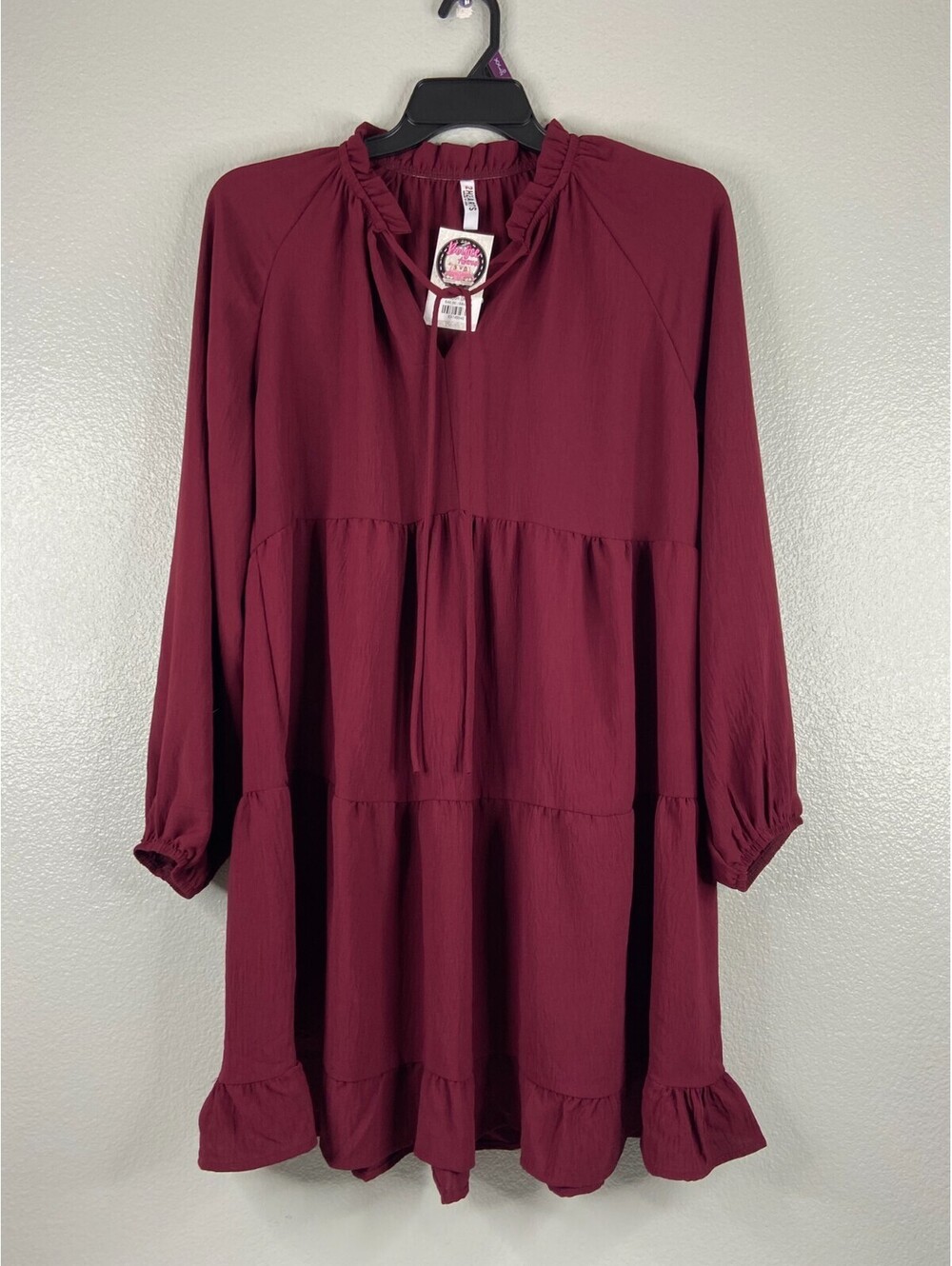 2 Hearts Women Medium Burgundy Peasant Dress Boho Tiered Puff Sleeve